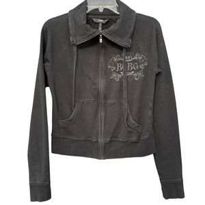 BCBG Paris Black Embellished Zip Hoodie Jacket Fits Junior M Y2K Stretch